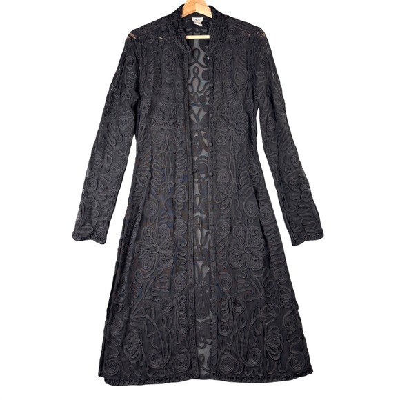Cache Sweaters - Cache Y2K Black Soutache Mesh Duster Cardigan Lace Sheer Button Front L Gothic